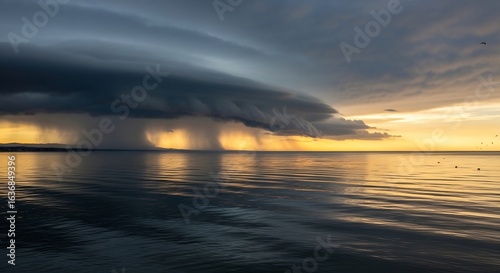 Majestic Shelf Cloud Unleashes Golden Rain Over a Serene Sunset Sea