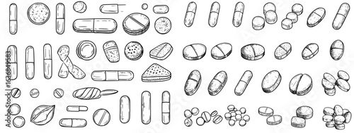 A set of modern medicines features realistic pills, round vitamins, and capsule drugs, all related to different areas of healthcare pharmacy