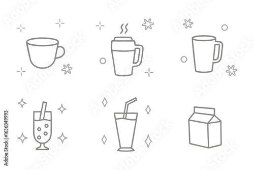Refreshing Icons: A clean and minimalist illustration showcases a variety of refreshing beverages and containers, offering a crisp visual and clean aesthetic.