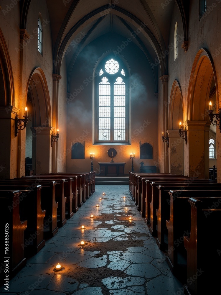 Fototapeta premium A quiet church interior with lit candles and stained glass windows, creating a peaceful, reflective mood. death, funeral
