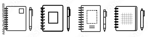A notebook for note taking, diary, or journal accompanied by a pen for creating line art, serving as a modern icon for educational applications and websites
