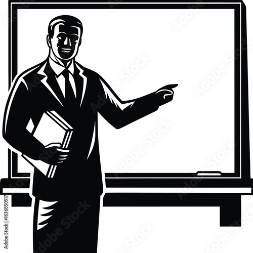 Monochrome Illustration of a Teacher Holding a Book and Pointing at a Chalkboard with a Pointer Stick