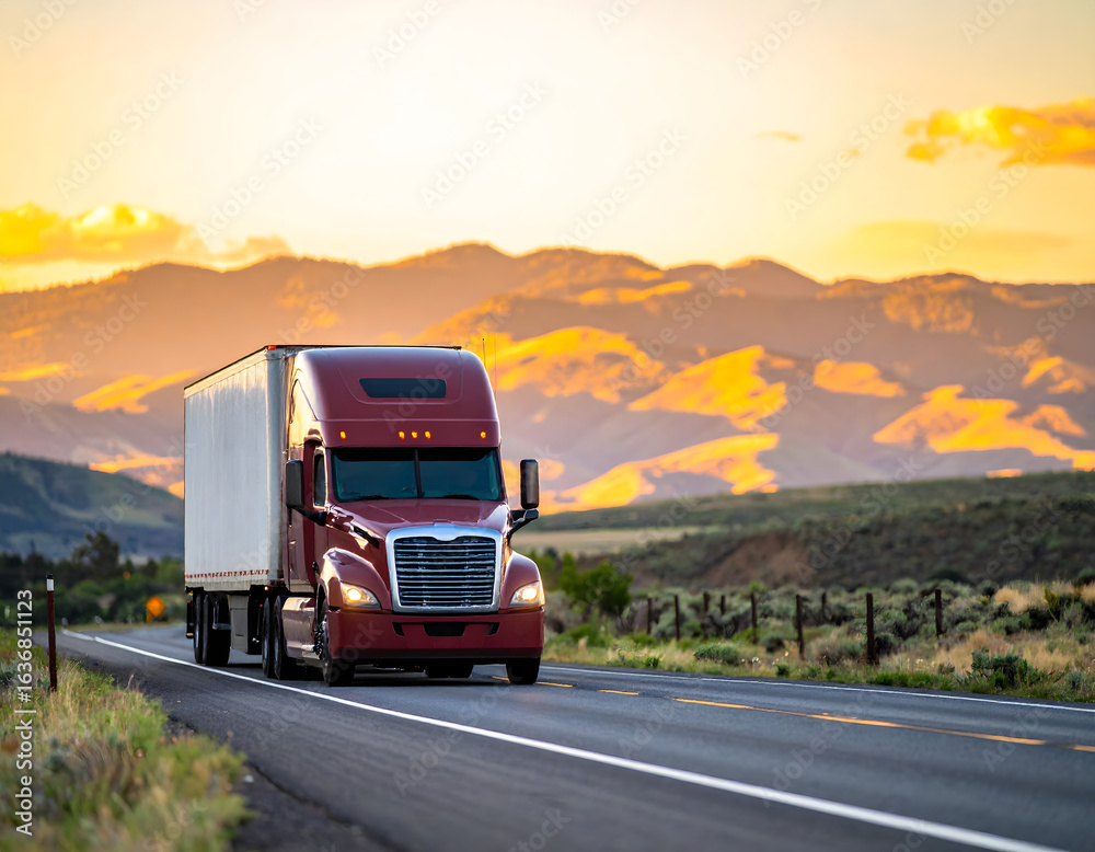 Obraz premium Highway Haul at Sunset: A striking long-haul semi-truck, the epitome of American transportation, cruises down a scenic highway at sunset. The sky is ablaze with golden hues.