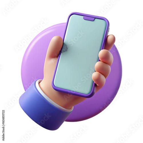 hand holding mobile phone with blank screen 3D Cartoon hand holding smartphone isolated on purple background, Hand using mobile phone mockup. 3d render illustration