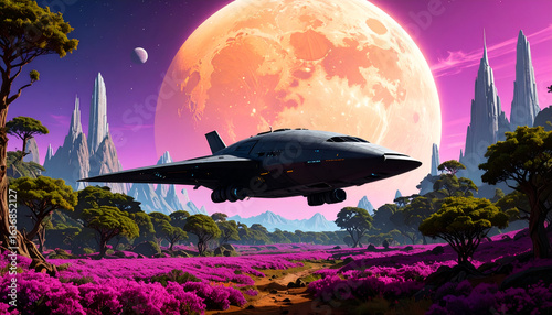 Wallpaper Mural Futuristic spaceship flies over alien landscape with vibrant purple flowers and towering rock formations under the glow of a massive orange moon, creating a sense of wonder. Torontodigital.ca