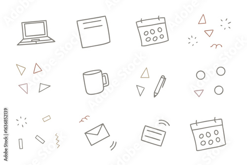 Office Workspace and Planning Tools: A whimsical illustration depicting a collection of essential office items and planning tools, perfect for illustrating concepts of work, organization.