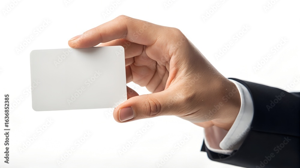Obraz premium Hand in a suit holding a blank white business card
