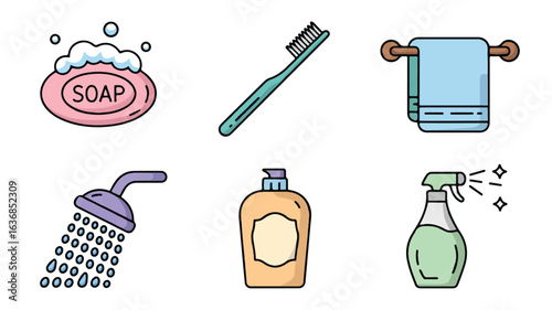 Bathroom and Hygiene Icons Set for Cleanliness and Personal Care Routine Illustrated in Vector Graphic with Vibrant Colors