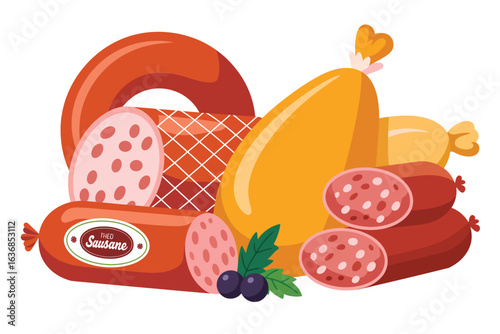Assortment of delicious cured meats and sausages with fresh berries and leaves