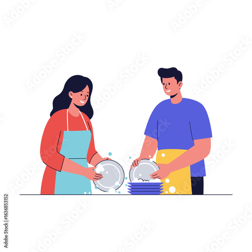Couple washing dishes together in kitchen with playful expressions  