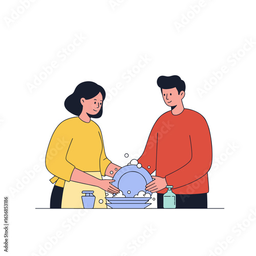 Couple washing dishes together in kitchen with soap bubbles  