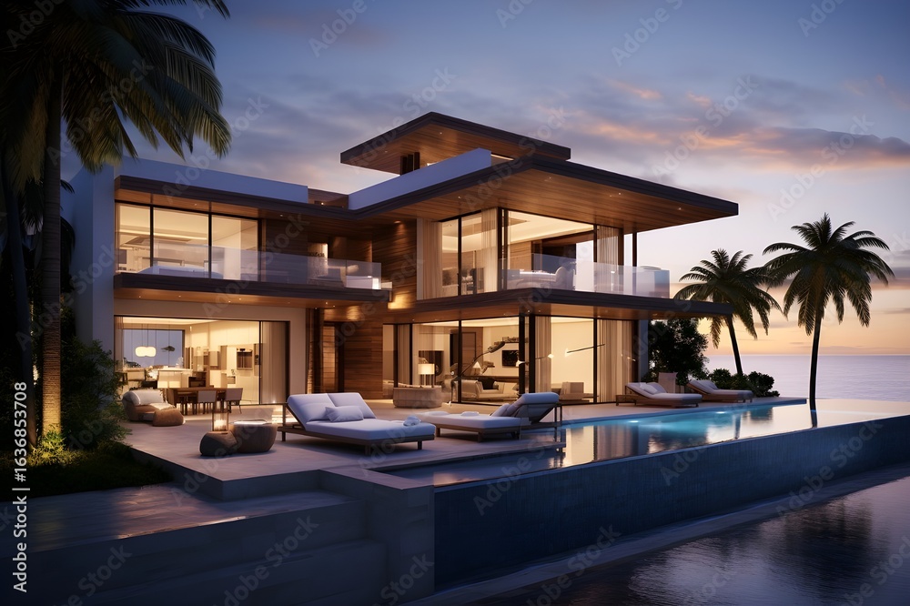 Fototapeta premium A modern beachfront villa with a seamless blend of indoor and outdoor living spaces, overlooking the ocean