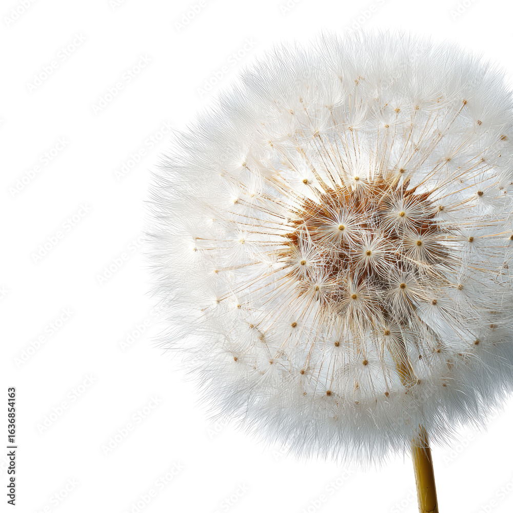 Fototapeta premium Dandelion seed head close-up, studio shot, black background, nature photography, for website design