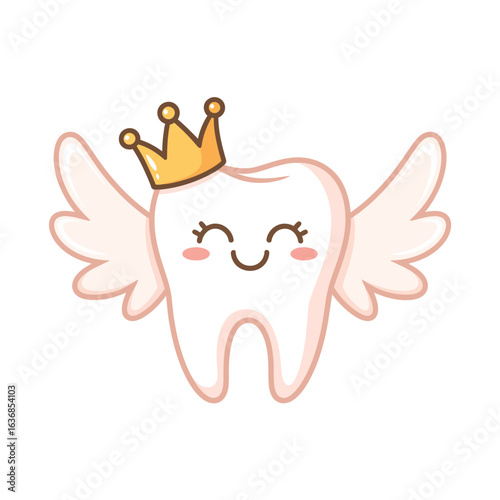 Cute cartoon tooth with wings and a golden crown smiling happily