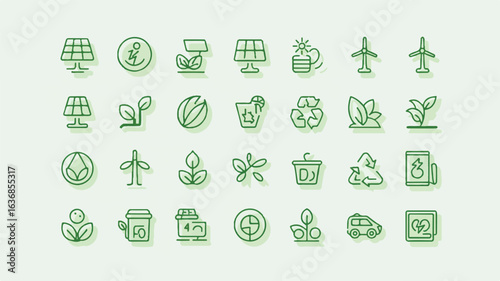 Collection of Line Art Icons Representing Renewable Energy and Environmental Sustainability for a Green Future and Eco Consciousness