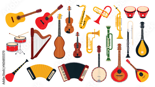Collection of Musical Instruments Featuring Guitars Violins Saxophones Trumpets and More Musical Artwork Illustration