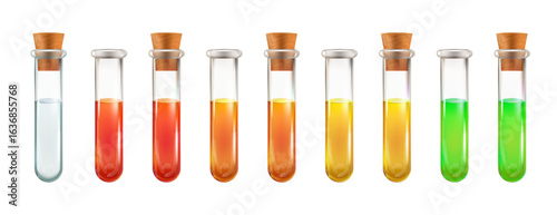 Test tubes set with colored liquid chemical reagents. 3d lab glass bottle, potion magic flask. Vector isolated science icon, medical vial realistic equipment. Medicine transparent cylinder water jar