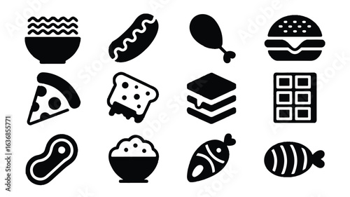 Collection of vector food icons in black and white offering various delicious culinary options and menu selections for diverse dining experiences