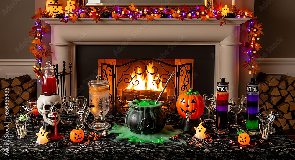 Obraz premium Halloween themed table setting with fireplace backdrop and spooky decorations on a black lace tablecloth ai generated