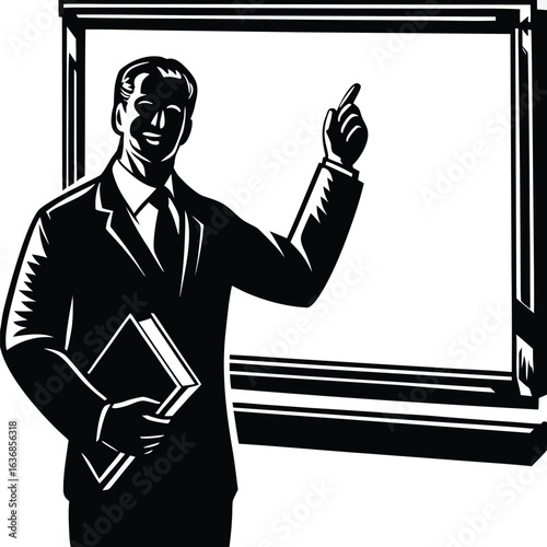 Monochrome Illustration of a Teacher Holding a Book and Pointing at a Chalkboard with a Pointer Stick