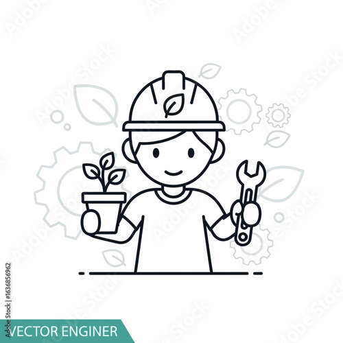 Eco-Conscious engineer: a line art illustration of an environmental steward holding a plant and wrench, symbolizing sustainable industry solutions