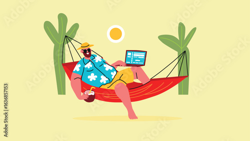 Man in a Hawaiian shirt relaxing and working in hammock with a laptop and coconut drink. Remote work in a tropical location, digital nomad lifestyle. Colorful flat vector illustration. 
