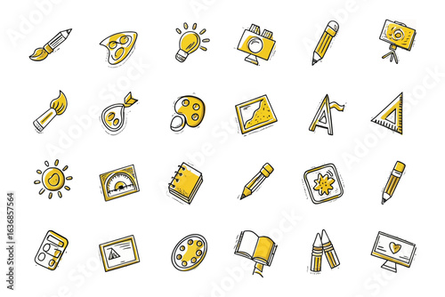 Artistic Icon Array: A collection of artistic icons, representing creativity and design tools, arranged in an appealing, photorealistic format
