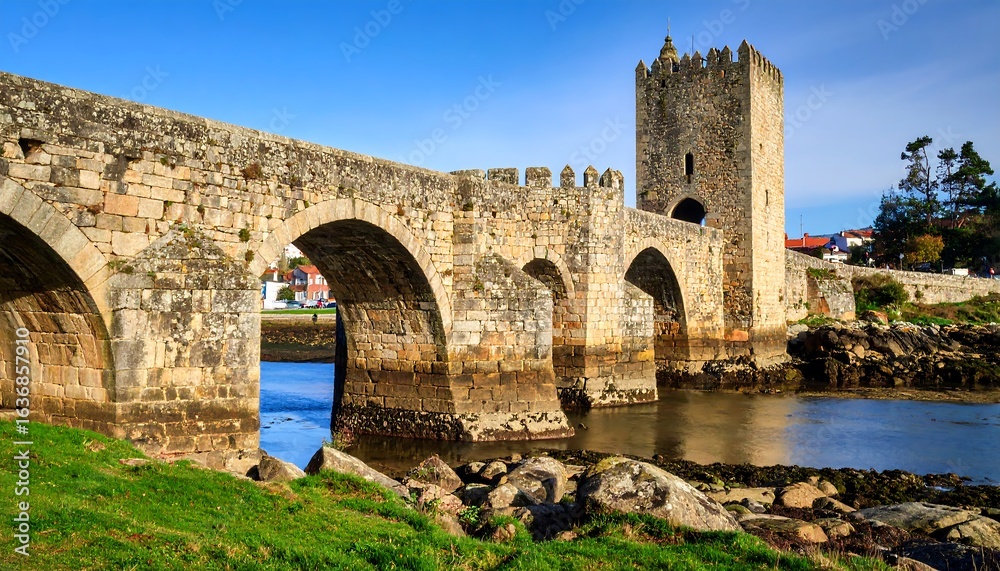 Obraz premium Ancient stone bridge over a river, with a tall tower
