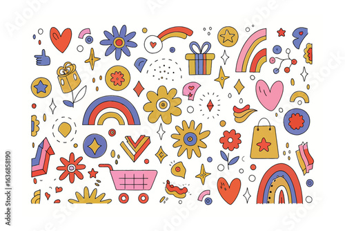 Whimsical Pattern of Celebration: A vibrant array of playful cartoon icons bursts with cheer, featuring hearts, rainbows, and gift boxes, celebrating joy and happiness. 