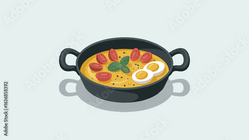Delicious Shakshuka with Tomatoes and Eggs in a Pan Ready to be Served Breakfast Delight