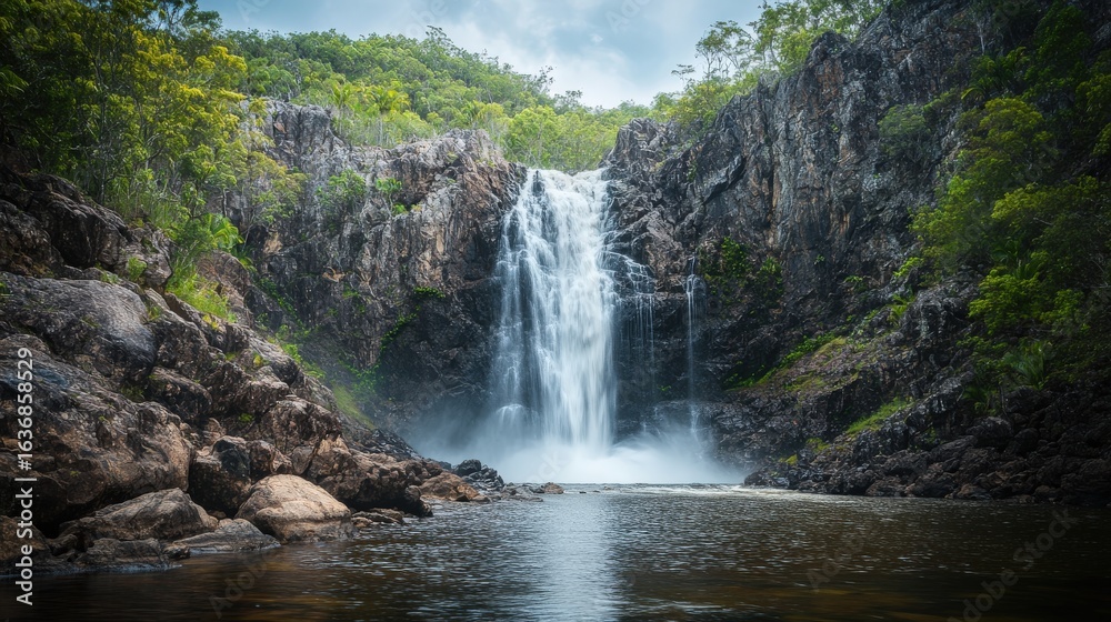 Fototapeta premium Majestic waterfall cascading down rocky cliffs.
