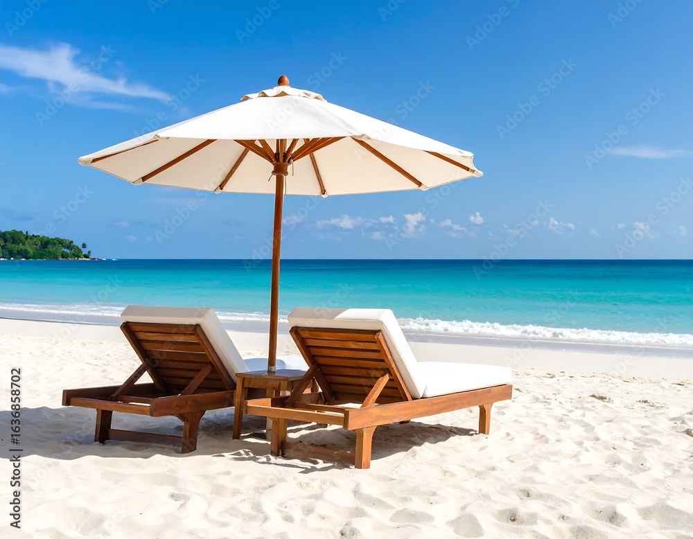 Obraz premium Tropical beach scene with two sun loungers and umbrella