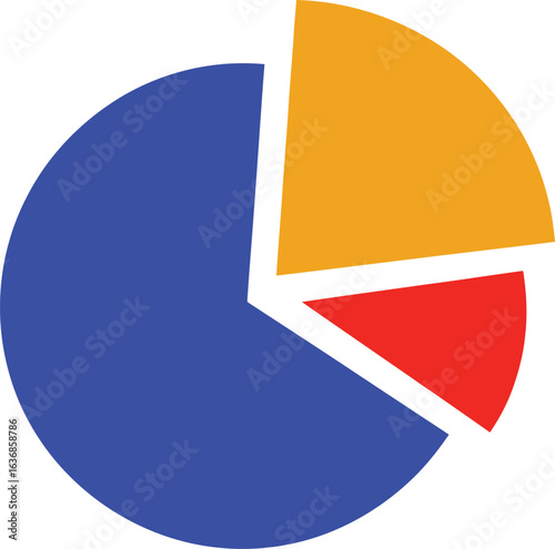 Colorful pie chart with three segments on white background graph data