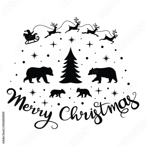 Bear Family, Christmas Scene, Hand Drawn Vector Illustration