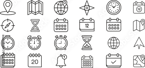 Location, time and date line icons set. Map, clock, calendar, navigation. editable stroke. vector illustration