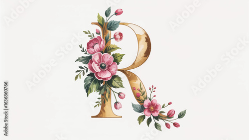 Elegant Floral Letter R Design with Watercolor Flowers and Golden Accents for Branding and Decoration Projects