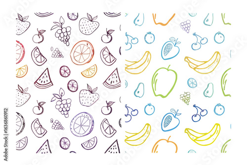 Fruity Pattern: A cheerful seamless pattern featuring hand-drawn illustrations of various fresh fruits, offering a playful and appetizing design for any creative project.