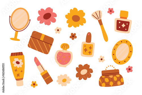 Beautification Essentials: A meticulously curated assortment of beauty products, artistically arranged and radiating a charming allure. Each item speaks volumes, revealing its essence