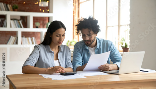Young couple calculating finances at home on wooden desk with laptop and papers, feeling stressed about bills and budget, in natural light and modern interior.