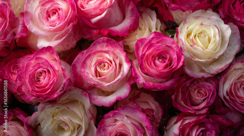 Beautiful bouquet of pink and white roses with delicate petals in full bloom