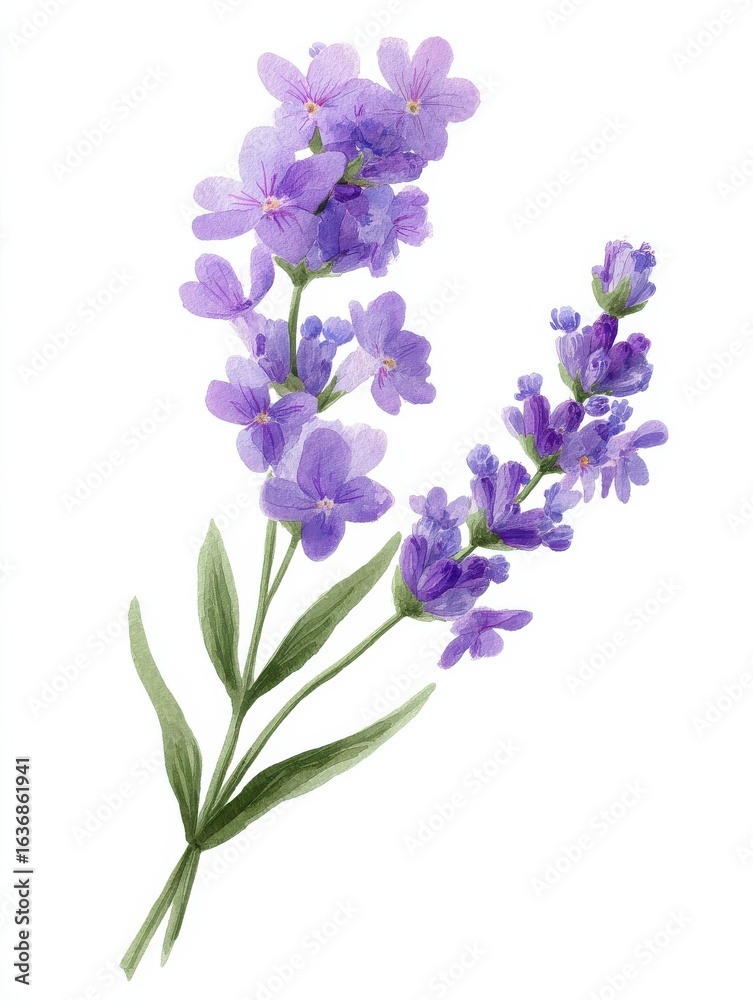Obraz premium pastel watercolor of a small sprig of lavender with delicate purple flowers and green leaves isolated on white background minimalistic for greeting cards banners high quality and detail