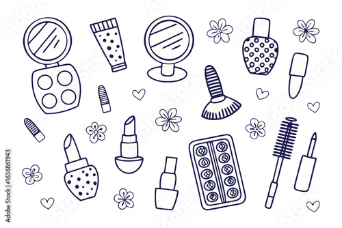 Beauty Essentials Collection: A charming assortment of makeup essentials is arranged in an organized and visually appealing layout. Featuring lipsticks, mirror, eye shadows.
