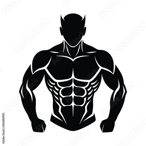 Vector art of silhouette of a muscular man with defined abs and horns isolated