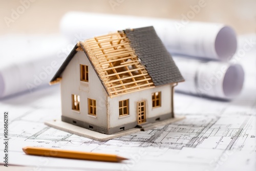 house under construction on blueprints - building project