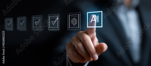 Businessman's hand pointing to a checklist with a box and an AI icon, representing a business plan, 