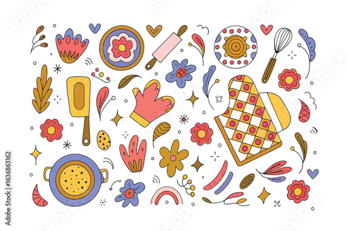 Whimsical Baking Tools Collection: An artistic ensemble of colorful baking tools, each element exquisitely illustrated in a flat design style. Showcasing creativity and charm.