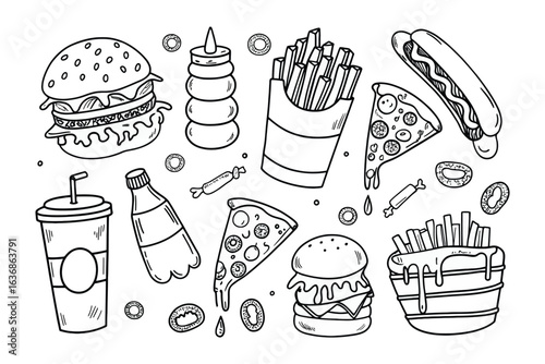 Burger and Fast Food Delight: This sketch presents a delectable collection of classic fast-food favorites, from juicy burgers to crispy fries, pizzas, and a refreshing soda, creating a visual feast.