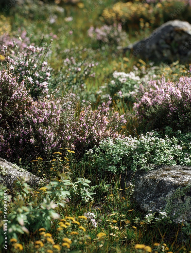 Obraz premium wildflowers like goldmoss stonecrop and basil thyme create a picturesque scene in a meadow with a beautiful copy space image