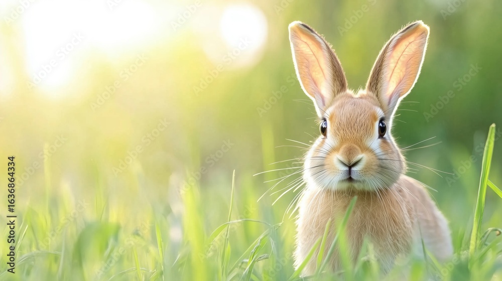 Obraz premium European hare stands in the grass and looking at the camera