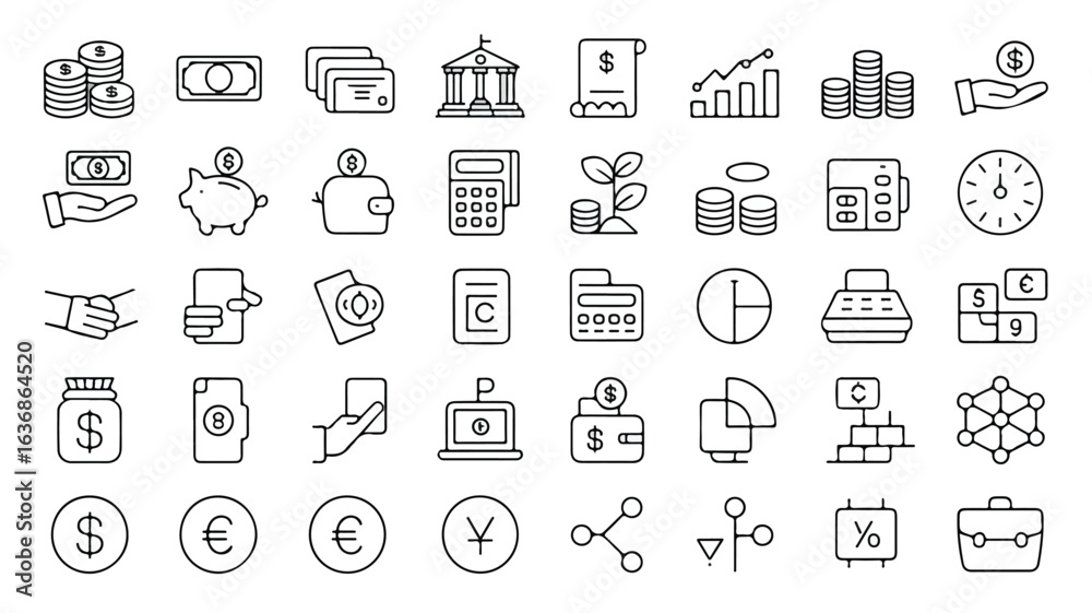 Fototapeta premium Finance and Investment Icon Set Business Concept Line Art Banking and Economy Symbols Minimalist Design Graphic Elements for Financial Reports Presentations and Web Design